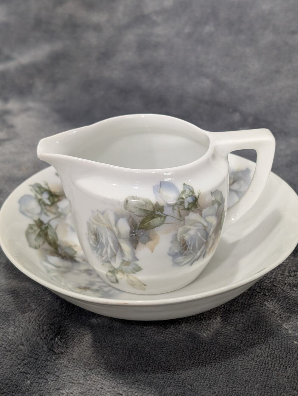 Antique Porcelain Creamer & Bowl Set White Blue Roses Floral Transferware